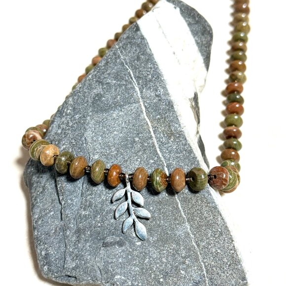 Genuine Earthy Polychrome Jasper Silver Leaf Branch Beaded Short Necklace - Picture 4 of 11